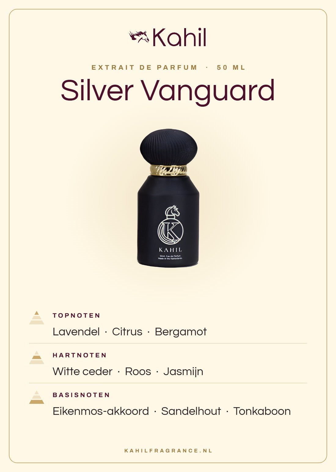 Duftnoten von Kahil Silver Vanguard Extrait de Parfum 50 ml: Kopfnoten Lavendel, Zitrusfrüchte, Bergamotte; Herznoten Weiße Zeder, Rose, Jasmin; Basisnoten Eichenmoos-Akkord, Sandelholz, Tonkabohne