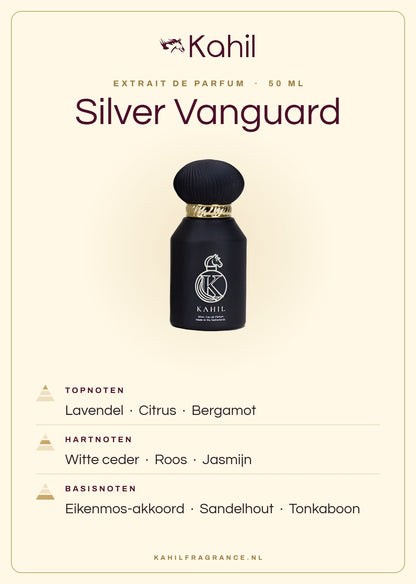 Duftnoten von Kahil Silver Vanguard Extrait de Parfum 50 ml: Kopfnoten Lavendel, Zitrusfrüchte, Bergamotte; Herznoten Weiße Zeder, Rose, Jasmin; Basisnoten Eichenmoos-Akkord, Sandelholz, Tonkabohne