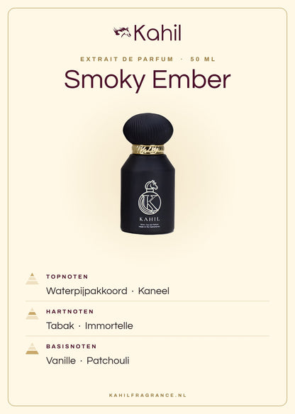 Duftnoten von Kahil Smoky Ember Extrait de Parfum 50 ml: Kopfnoten Shisha-Akkord, Zimt; Herznoten Tabak, Immortelle; Basisnoten Vanille, Patchouli