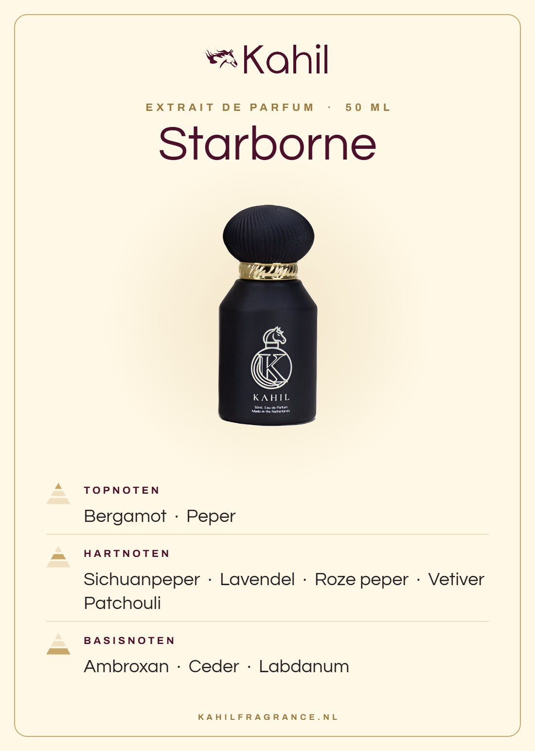 Duftnoten von Kahil Starborne Extrait de Parfum 50 ml: Kopfnoten Bergamotte, Pfeffer; Herznoten Szechuanpfeffer, Lavendel, Rosa Pfeffer, Vetiver, Patchouli; Basisnoten Ambroxan, Zeder, Labdanum