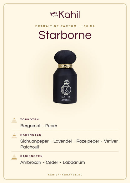 Duftnoten von Kahil Starborne Extrait de Parfum 50 ml: Kopfnoten Bergamotte, Pfeffer; Herznoten Szechuanpfeffer, Lavendel, Rosa Pfeffer, Vetiver, Patchouli; Basisnoten Ambroxan, Zeder, Labdanum