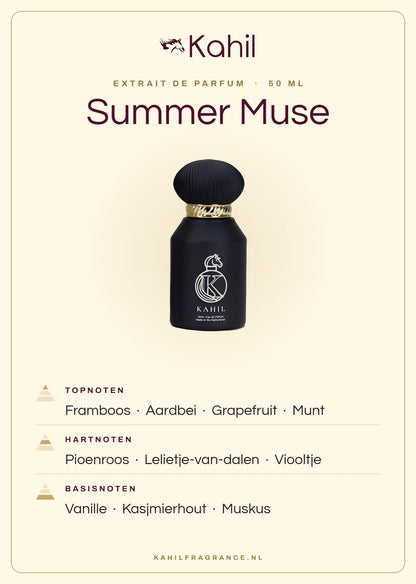 Geurnoten van Kahil Summer Muse Extrait de Parfum 50 ml: topnoten framboos, aardbei, grapefruit, munt; hartnoten pioenroos, lelietje-van-dalen, viooltje; basisnoten vanille, kasjmierhout, muskus