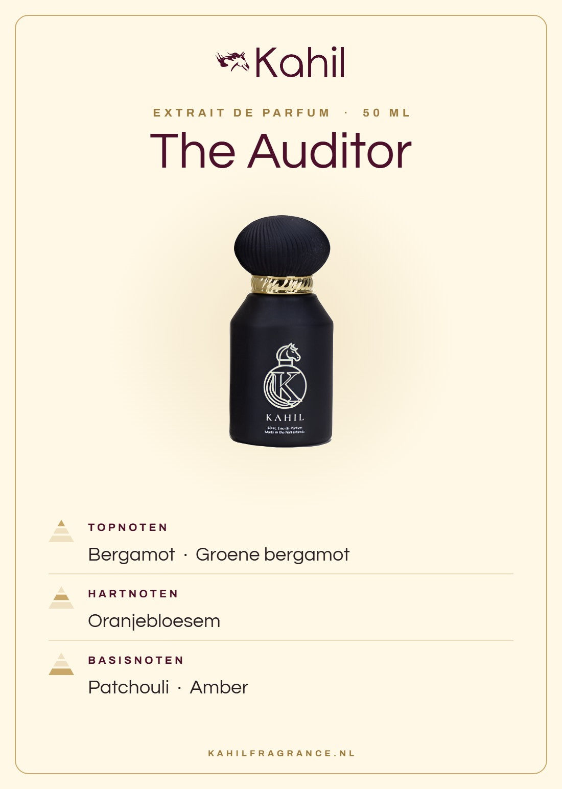 Duftnoten von Kahil The Auditor Extrait de Parfum 50 ml: Kopfnoten Bergamotte, Grüne Bergamotte; Herznoten Orangenblüte; Basisnoten Patchouli, Amber