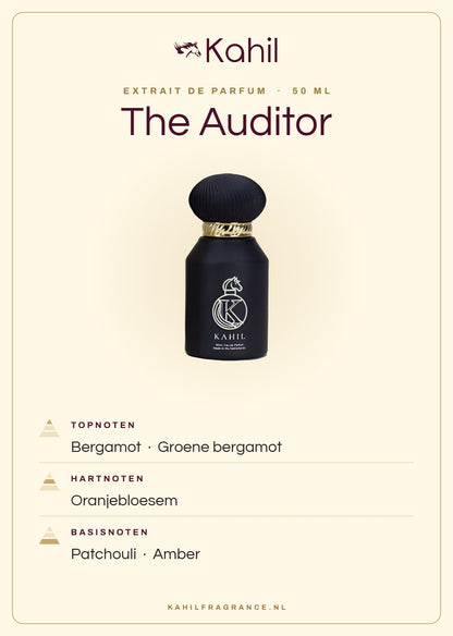 Duftnoten von Kahil The Auditor Extrait de Parfum 50 ml: Kopfnoten Bergamotte, Grüne Bergamotte; Herznoten Orangenblüte; Basisnoten Patchouli, Amber
