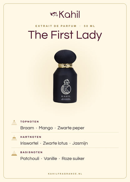 Fragrance notes of Kahil The First Lady Extrait de Parfum 50 ml: top notes blackberry, mango, black pepper; heart notes orris, black lotus, jasmine; base notes patchouli, vanilla, pink sugar