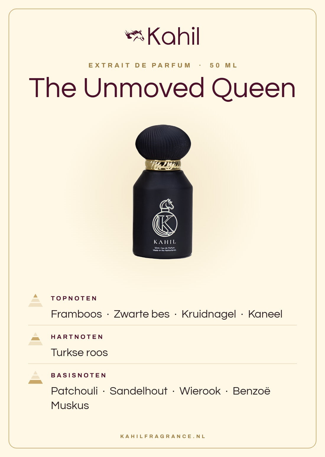 Duftnoten von Kahil The Unmoved Queen Extrait de Parfum 50 ml: Kopfnoten Himbeere, Schwarze Johannisbeere, Gewürznelke, Zimt; Herznoten Türkische Rose; Basisnoten Patchouli, Sandelholz, Weihrauch, Benzoe, Moschus