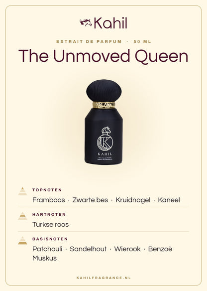 Duftnoten von Kahil The Unmoved Queen Extrait de Parfum 50 ml: Kopfnoten Himbeere, Schwarze Johannisbeere, Gewürznelke, Zimt; Herznoten Türkische Rose; Basisnoten Patchouli, Sandelholz, Weihrauch, Benzoe, Moschus