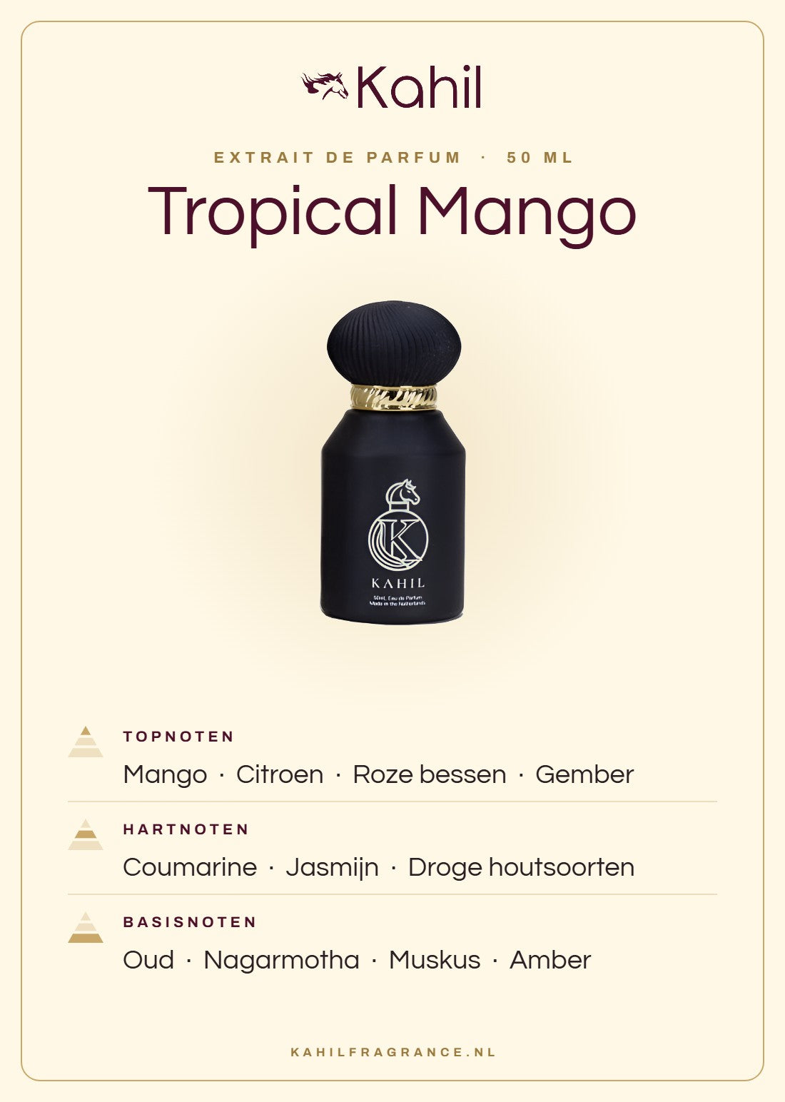Duftnoten von Kahil Tropical Mango Extrait de Parfum 50 ml: Kopfnoten Mango, Zitrone, Rosa Beeren, Ingwer; Herznoten Cumarin, Jasmin, Trockene Hölzer; Basisnoten Oud, Nagarmotha, Moschus, Amber