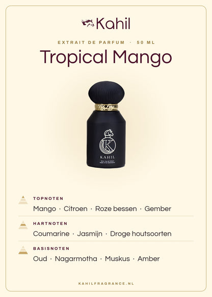 Duftnoten von Kahil Tropical Mango Extrait de Parfum 50 ml: Kopfnoten Mango, Zitrone, Rosa Beeren, Ingwer; Herznoten Cumarin, Jasmin, Trockene Hölzer; Basisnoten Oud, Nagarmotha, Moschus, Amber