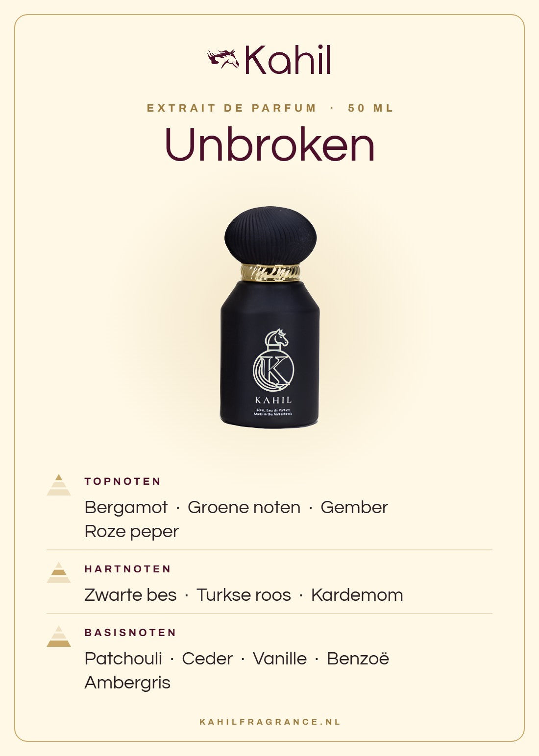 Duftnoten von Kahil Unbroken Extrait de Parfum 50 ml: Kopfnoten Bergamotte, Grüne Noten, Ingwer, Rosa Pfeffer; Herznoten Schwarze Johannisbeere, Türkische Rose, Kardamom; Basisnoten Patchouli, Zeder, Vanille, Benzoe, Ambra