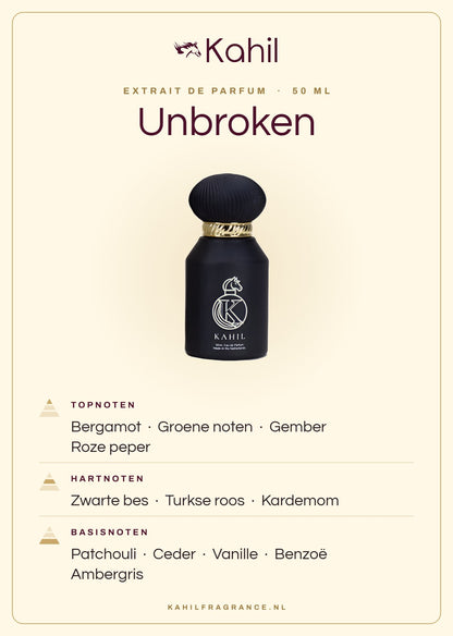 Duftnoten von Kahil Unbroken Extrait de Parfum 50 ml: Kopfnoten Bergamotte, Grüne Noten, Ingwer, Rosa Pfeffer; Herznoten Schwarze Johannisbeere, Türkische Rose, Kardamom; Basisnoten Patchouli, Zeder, Vanille, Benzoe, Ambra