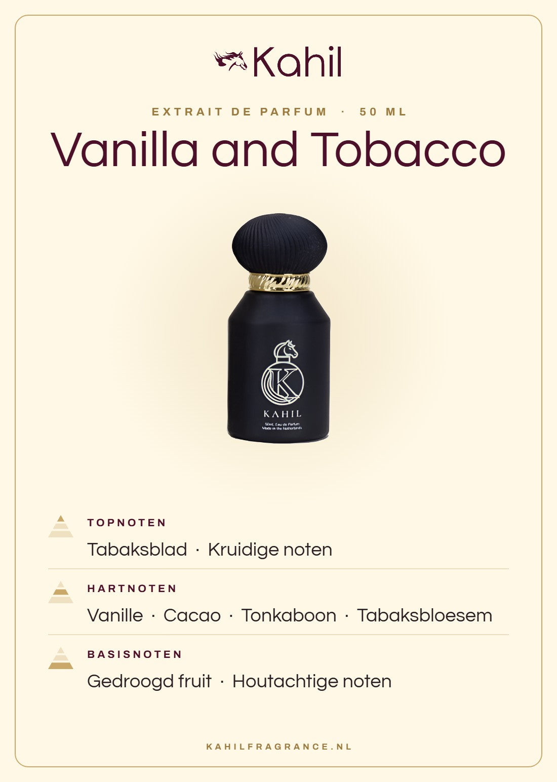 Fragrance notes of Kahil Vanilla and Tobacco Extrait de Parfum 50 ml: top notes tobacco leaf, spicy notes; heart notes vanilla, cacao, tonka bean, tobacco blossom; base notes dried fruits, woody notes