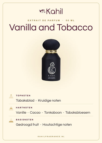 Fragrance notes of Kahil Vanilla and Tobacco Extrait de Parfum 50 ml: top notes tobacco leaf, spicy notes; heart notes vanilla, cacao, tonka bean, tobacco blossom; base notes dried fruits, woody notes