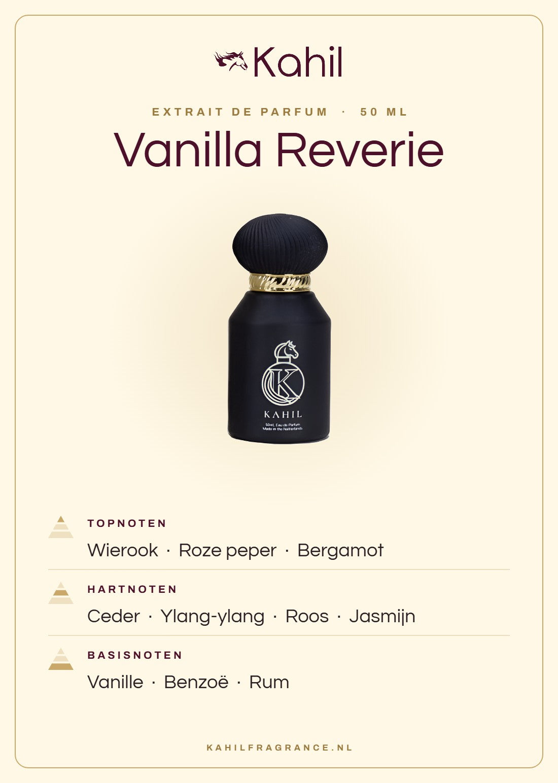 Duftnoten von Kahil Vanilla Reverie Extrait de Parfum 50 ml: Kopfnoten Weihrauch, Rosa Pfeffer, Bergamotte; Herznoten Zeder, Ylang-Ylang, Rose, Jasmin; Basisnoten Vanille, Benzoe, Rum