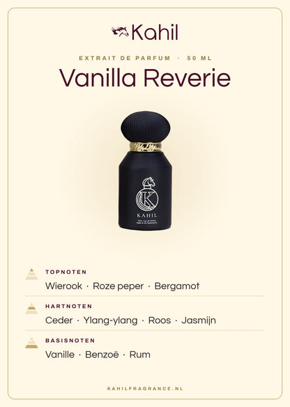 Duftnoten von Kahil Vanilla Reverie Extrait de Parfum 50 ml: Kopfnoten Weihrauch, Rosa Pfeffer, Bergamotte; Herznoten Zeder, Ylang-Ylang, Rose, Jasmin; Basisnoten Vanille, Benzoe, Rum