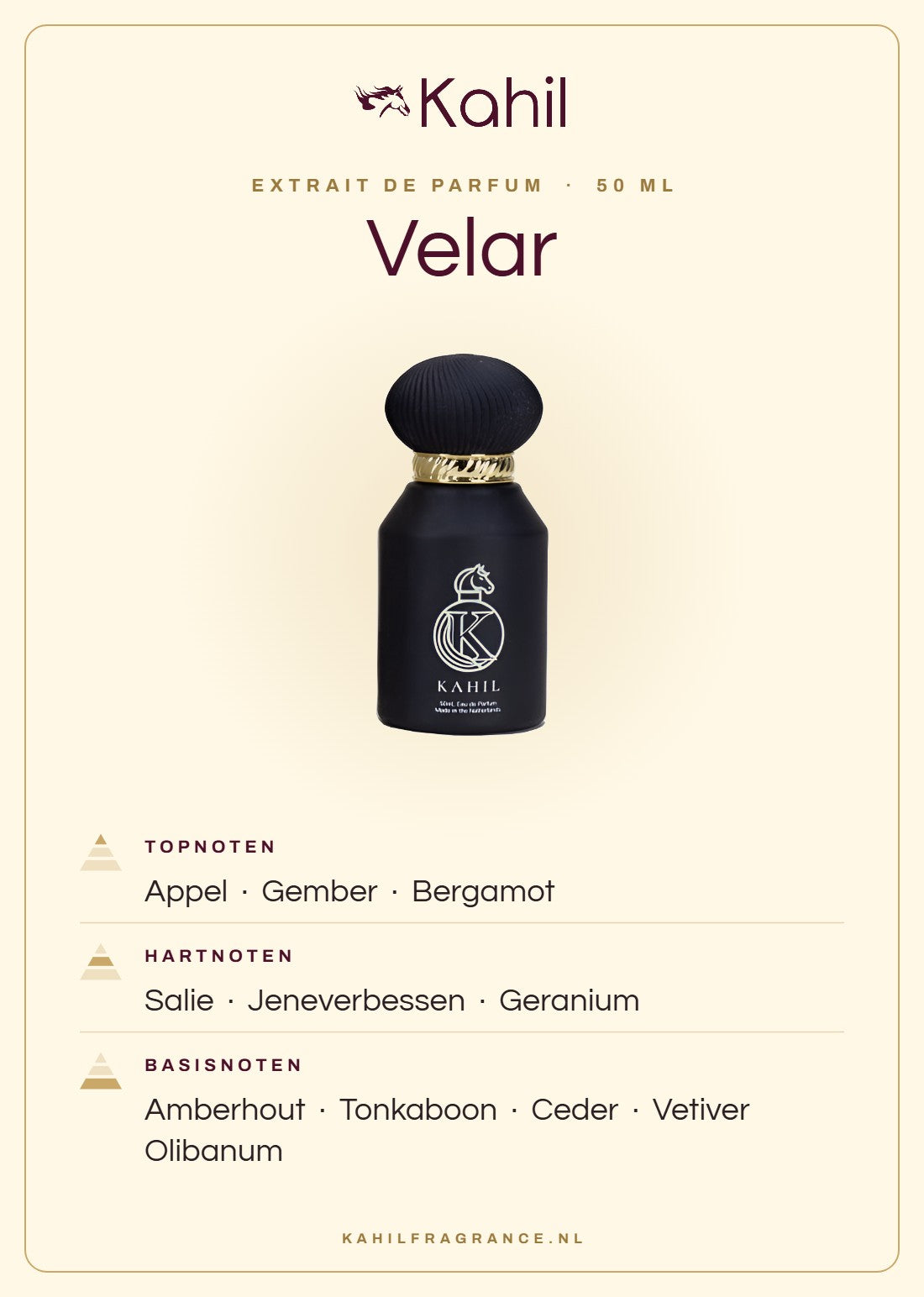 Duftnoten von Kahil Velar Extrait de Parfum 50 ml: Kopfnoten Apfel, Ingwer, Bergamotte; Herznoten Salbei, Wacholderbeeren, Geranie; Basisnoten Amberholz, Tonkabohne, Zeder, Vetiver, Olibanum