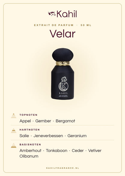 Duftnoten von Kahil Velar Extrait de Parfum 50 ml: Kopfnoten Apfel, Ingwer, Bergamotte; Herznoten Salbei, Wacholderbeeren, Geranie; Basisnoten Amberholz, Tonkabohne, Zeder, Vetiver, Olibanum