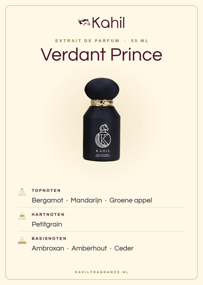 Duftnoten von Kahil Verdant Prince Extrait de Parfum 50 ml: Kopfnoten Bergamotte, Mandarine, Grüner Apfel; Herznoten Petitgrain; Basisnoten Ambroxan, Amberholz, Zeder
