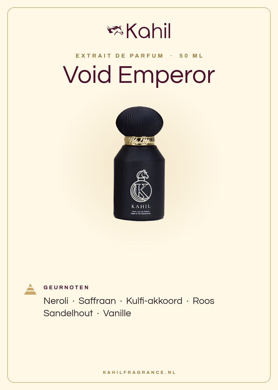 Duftnoten von Kahil Void Emperor Extrait de Parfum 50 ml: Neroli, Safran, Kulfi-Akkord, Rose, Sandelholz, Vanille