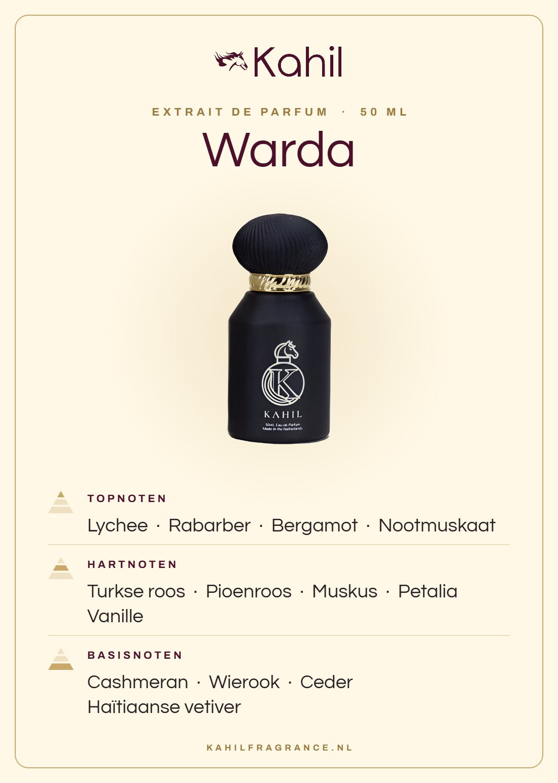 Duftnoten von Kahil Warda Extrait de Parfum 50 ml: Kopfnoten Litschi, Rhabarber, Bergamotte, Muskatnuss; Herznoten Türkische Rose, Pfingstrose, Moschus, Petalia, Vanille; Basisnoten Cashmeran, Weihrauch, Zeder, Haitianisches Vetiver