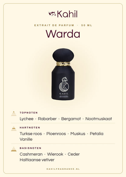 Duftnoten von Kahil Warda Extrait de Parfum 50 ml: Kopfnoten Litschi, Rhabarber, Bergamotte, Muskatnuss; Herznoten Türkische Rose, Pfingstrose, Moschus, Petalia, Vanille; Basisnoten Cashmeran, Weihrauch, Zeder, Haitianisches Vetiver