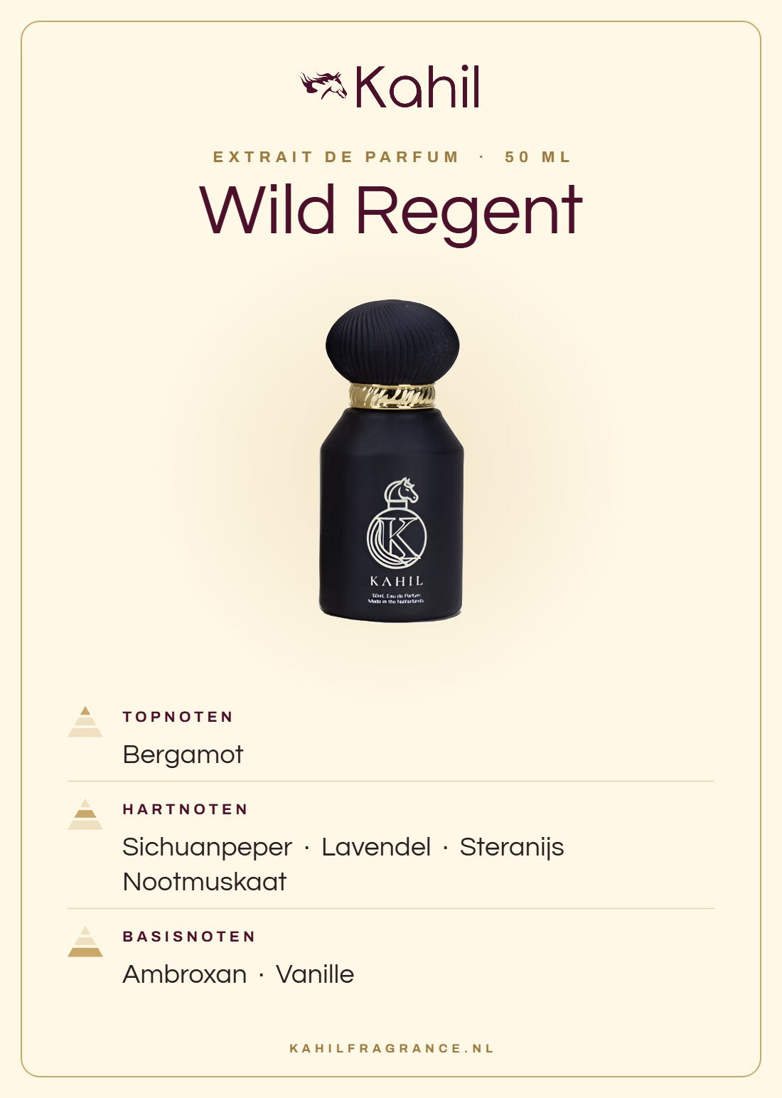 Duftnoten von Kahil Wild Regent Extrait de Parfum 50 ml: Kopfnoten Bergamotte; Herznoten Szechuanpfeffer, Lavendel, Sternanis, Muskatnuss; Basisnoten Ambroxan, Vanille