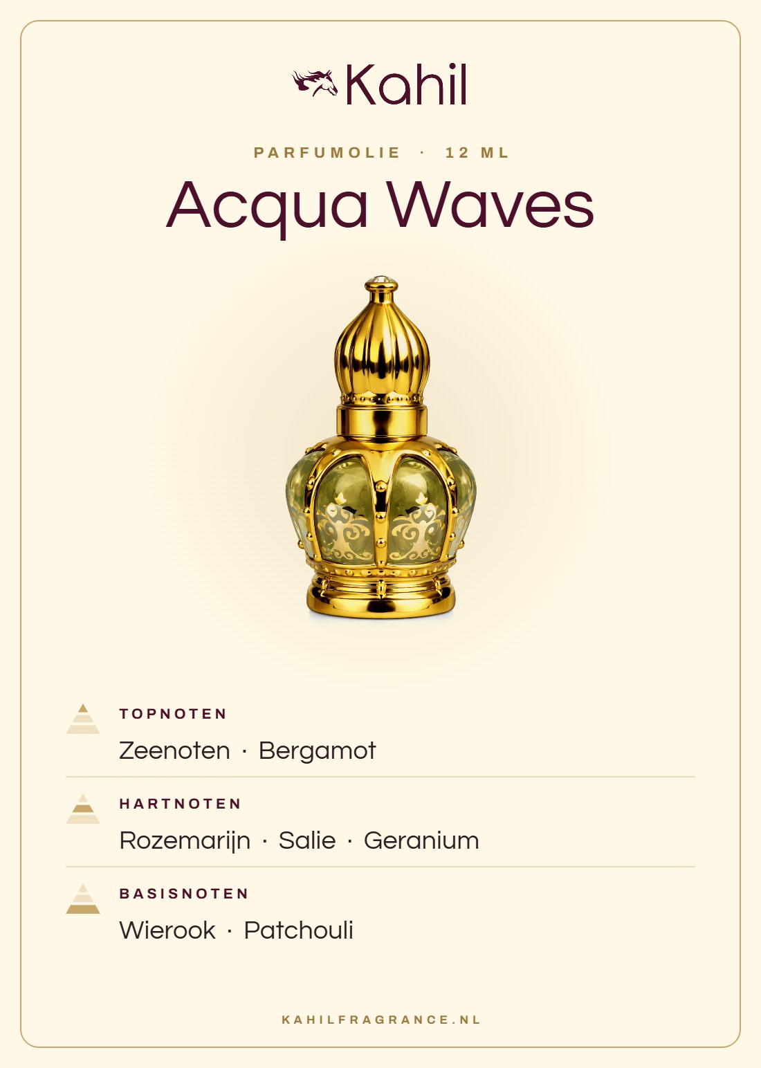 Fragrance notes of Kahil Acqua Waves perfume oil 12 ml: top notes marine notes, bergamot; heart notes rosemary, sage, geranium; base notes incense, patchouli