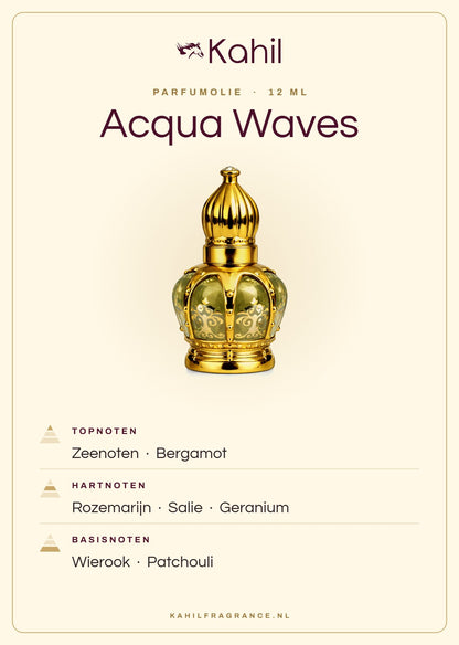 Fragrance notes of Kahil Acqua Waves perfume oil 12 ml: top notes marine notes, bergamot; heart notes rosemary, sage, geranium; base notes incense, patchouli