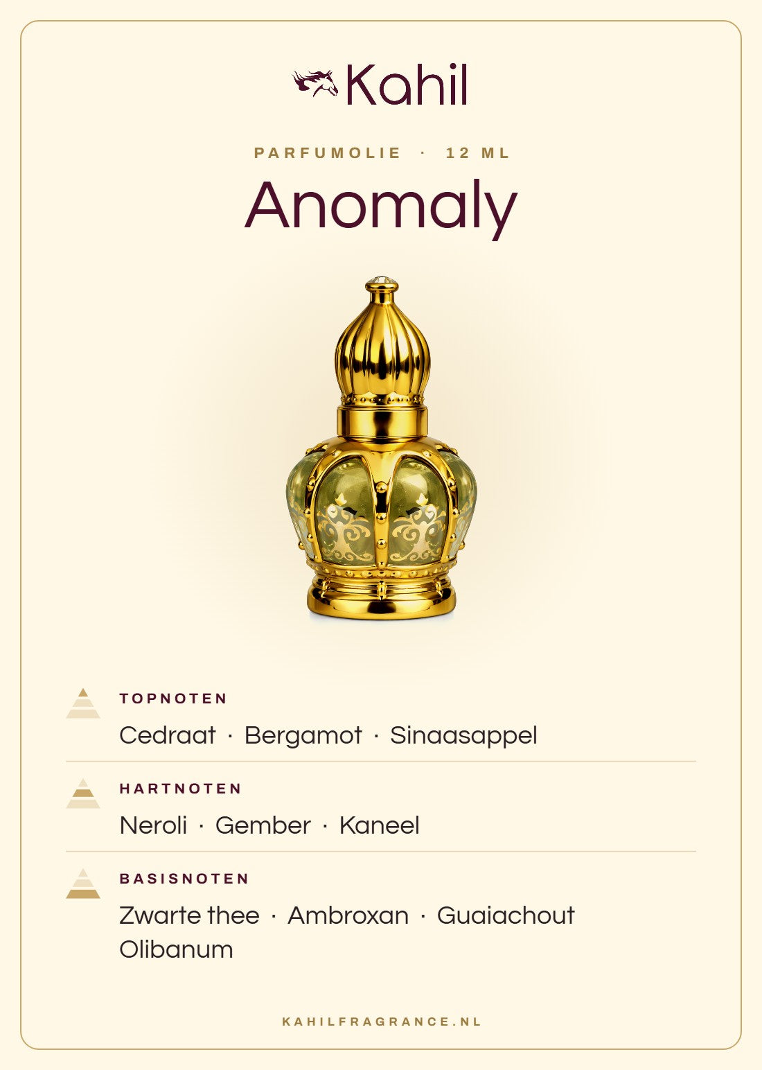 Duftnoten von Kahil Anomaly Parfümöl 12 ml: Kopfnoten Zedrat, Bergamotte, Orange; Herznoten Neroli, Ingwer, Zimt; Basisnoten Schwarzer Tee, Ambroxan, Guajakholz, Olibanum