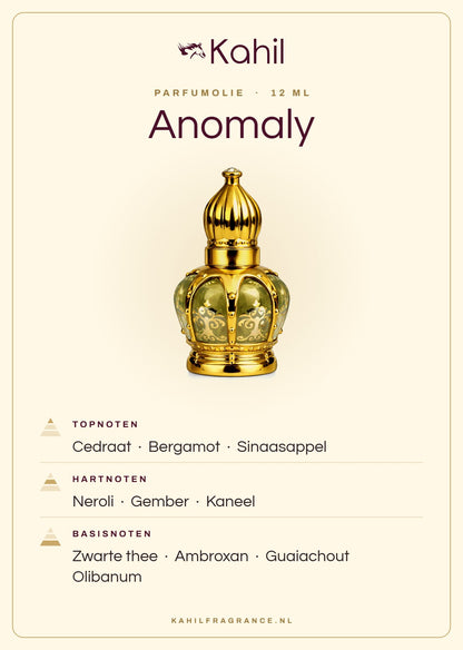 Duftnoten von Kahil Anomaly Parfümöl 12 ml: Kopfnoten Zedrat, Bergamotte, Orange; Herznoten Neroli, Ingwer, Zimt; Basisnoten Schwarzer Tee, Ambroxan, Guajakholz, Olibanum