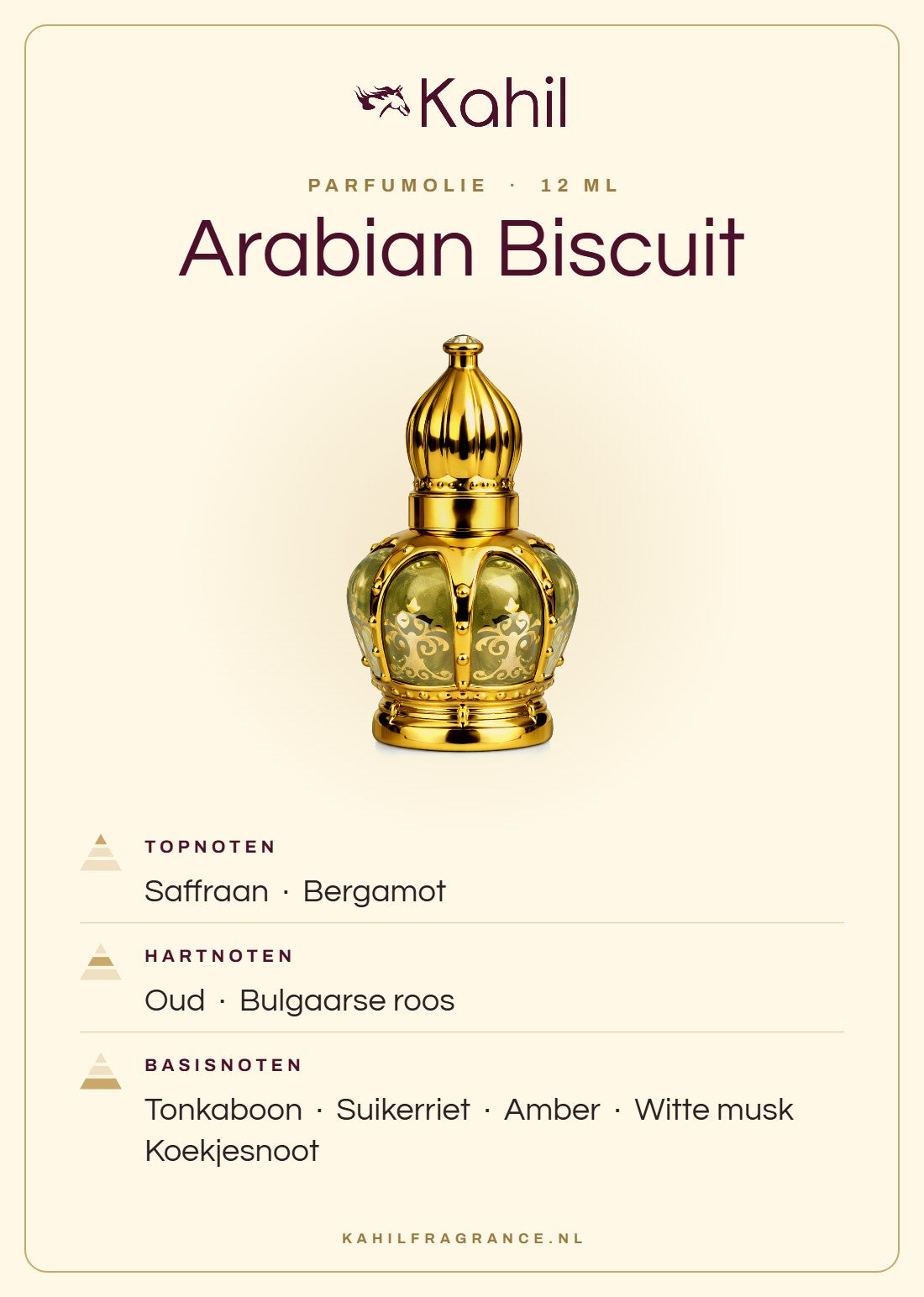 Fragrance notes of Kahil Arabian Biscuit perfume oil 12 ml: top notes saffron, bergamot; heart notes oud, Bulgarian rose; base notes tonka bean, sugar cane, amber, white musk, biscuit accord