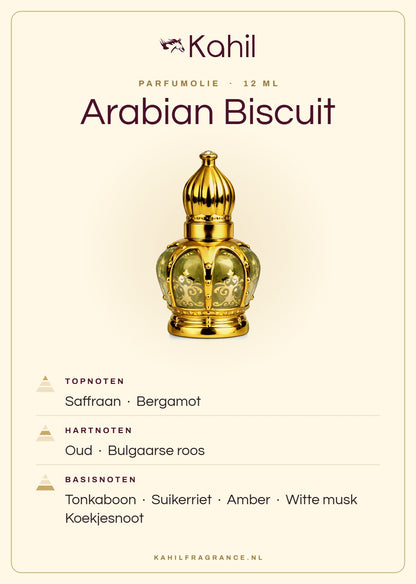 Fragrance notes of Kahil Arabian Biscuit perfume oil 12 ml: top notes saffron, bergamot; heart notes oud, Bulgarian rose; base notes tonka bean, sugar cane, amber, white musk, biscuit accord