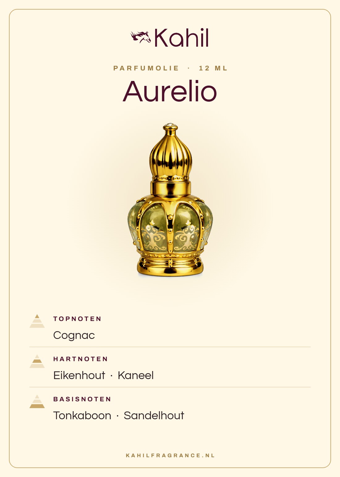 Geurnoten van Kahil Aurelio parfumolie 12 ml: topnoten cognac; hartnoten eikenhout, kaneel; basisnoten tonkaboon, sandelhout