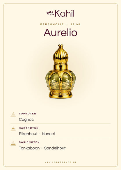 Geurnoten van Kahil Aurelio parfumolie 12 ml: topnoten cognac; hartnoten eikenhout, kaneel; basisnoten tonkaboon, sandelhout