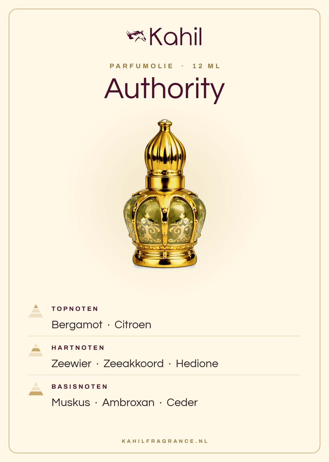 Fragrance notes of Kahil Authority perfume oil 12 ml: top notes bergamot, lemon; heart notes seaweed, marine accord, hedione; base notes musk, ambroxan, cedar