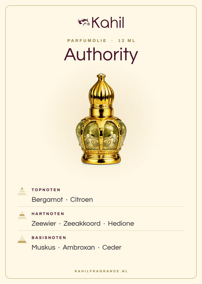 Fragrance notes of Kahil Authority perfume oil 12 ml: top notes bergamot, lemon; heart notes seaweed, marine accord, hedione; base notes musk, ambroxan, cedar