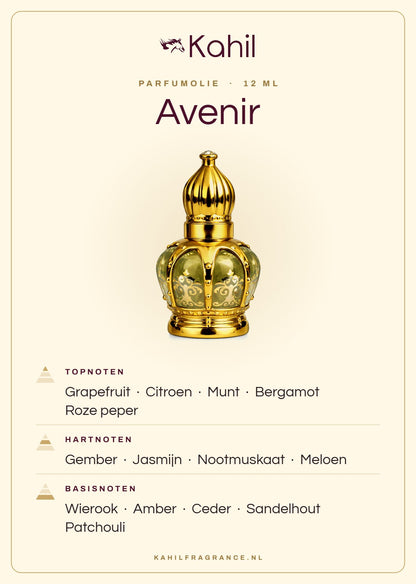 Geurnoten van Kahil Avenir parfumolie 12 ml: topnoten grapefruit, citroen, munt, bergamot, roze peper; hartnoten gember, jasmijn, nootmuskaat, meloen; basisnoten wierook, amber, ceder, sandelhout, patchouli