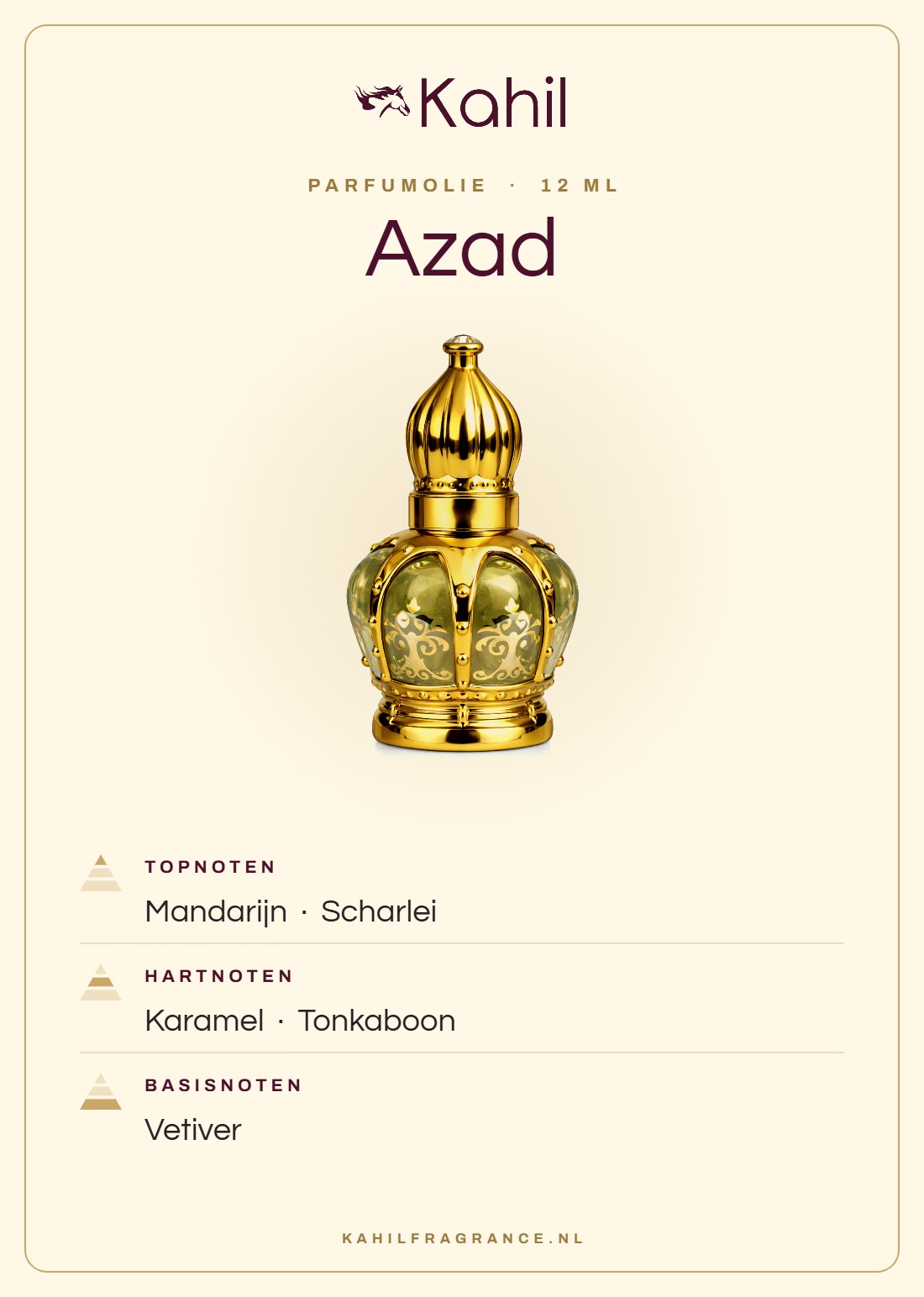 Fragrance notes of Kahil Azad perfume oil 12 ml: top notes mandarin, clary sage; heart notes caramel, tonka bean; base notes vetiver
