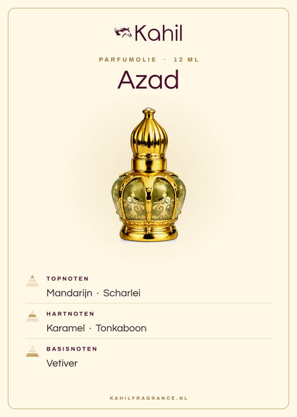 Fragrance notes of Kahil Azad perfume oil 12 ml: top notes mandarin, clary sage; heart notes caramel, tonka bean; base notes vetiver
