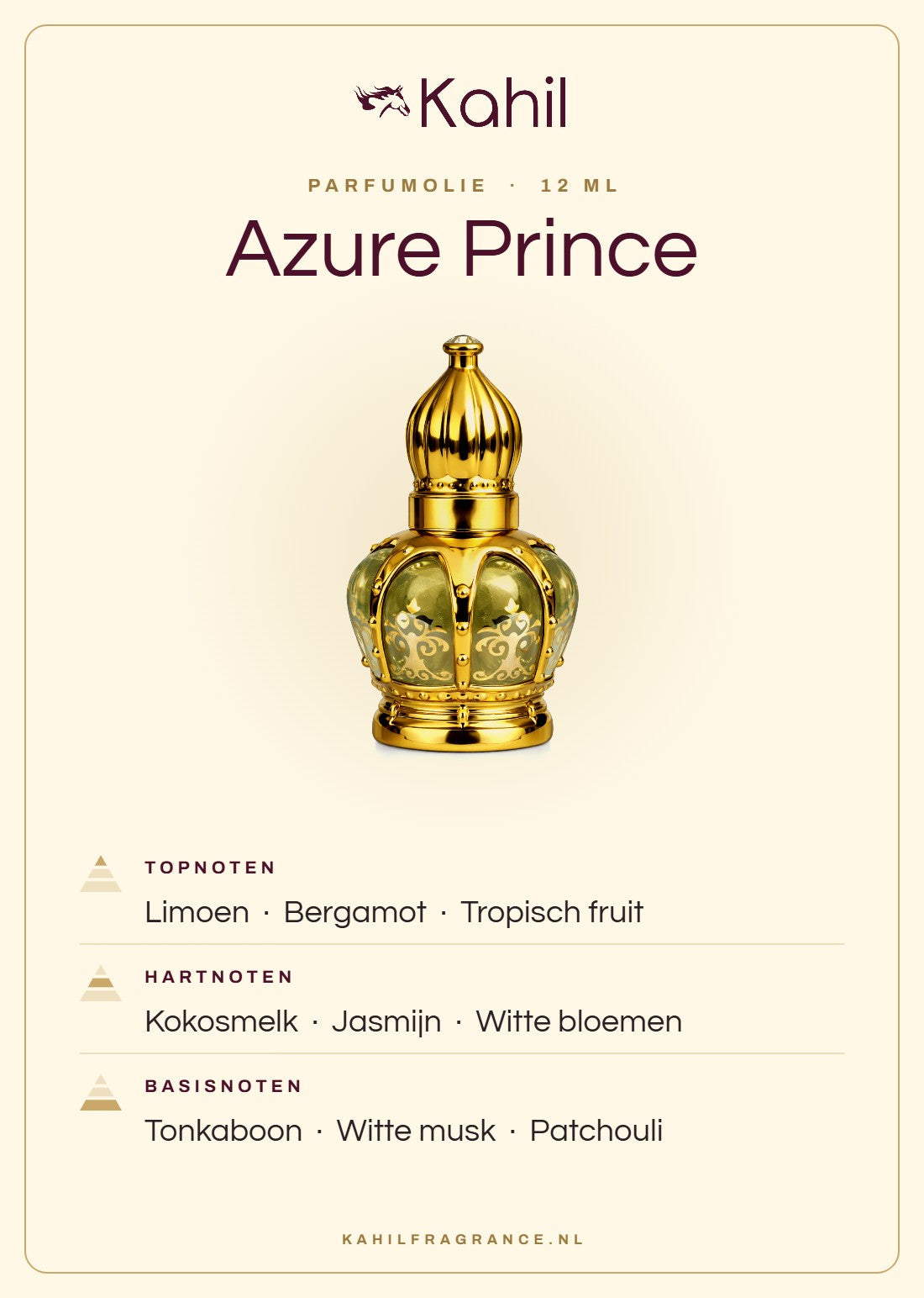 Geurnoten van Kahil Azure Prince parfumolie 12 ml: topnoten limoen, bergamot, tropisch fruit; hartnoten kokosmelk, jasmijn, witte bloemen; basisnoten tonkaboon, witte musk, patchouli