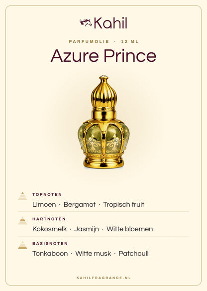 Geurnoten van Kahil Azure Prince parfumolie 12 ml: topnoten limoen, bergamot, tropisch fruit; hartnoten kokosmelk, jasmijn, witte bloemen; basisnoten tonkaboon, witte musk, patchouli