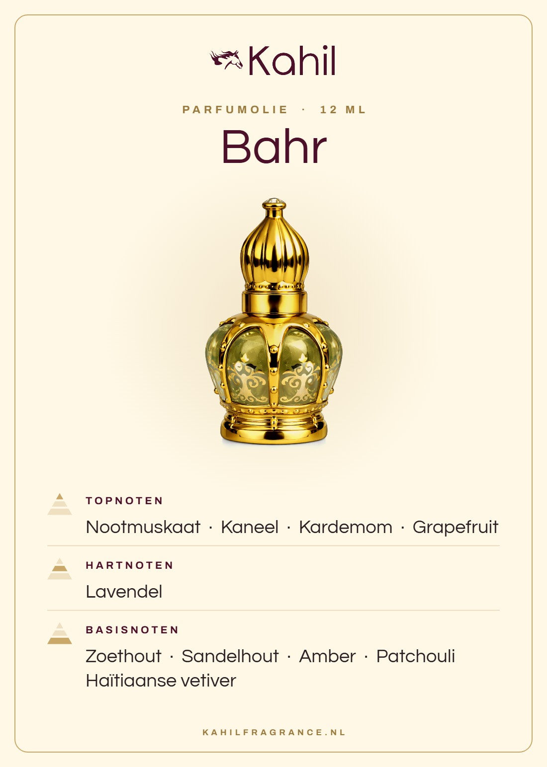 Duftnoten von Kahil Bahr Parfümöl 12 ml: Kopfnoten Muskatnuss, Zimt, Kardamom, Grapefruit; Herznoten Lavendel; Basisnoten Lakritz, Sandelholz, Amber, Patchouli, Haitianisches Vetiver