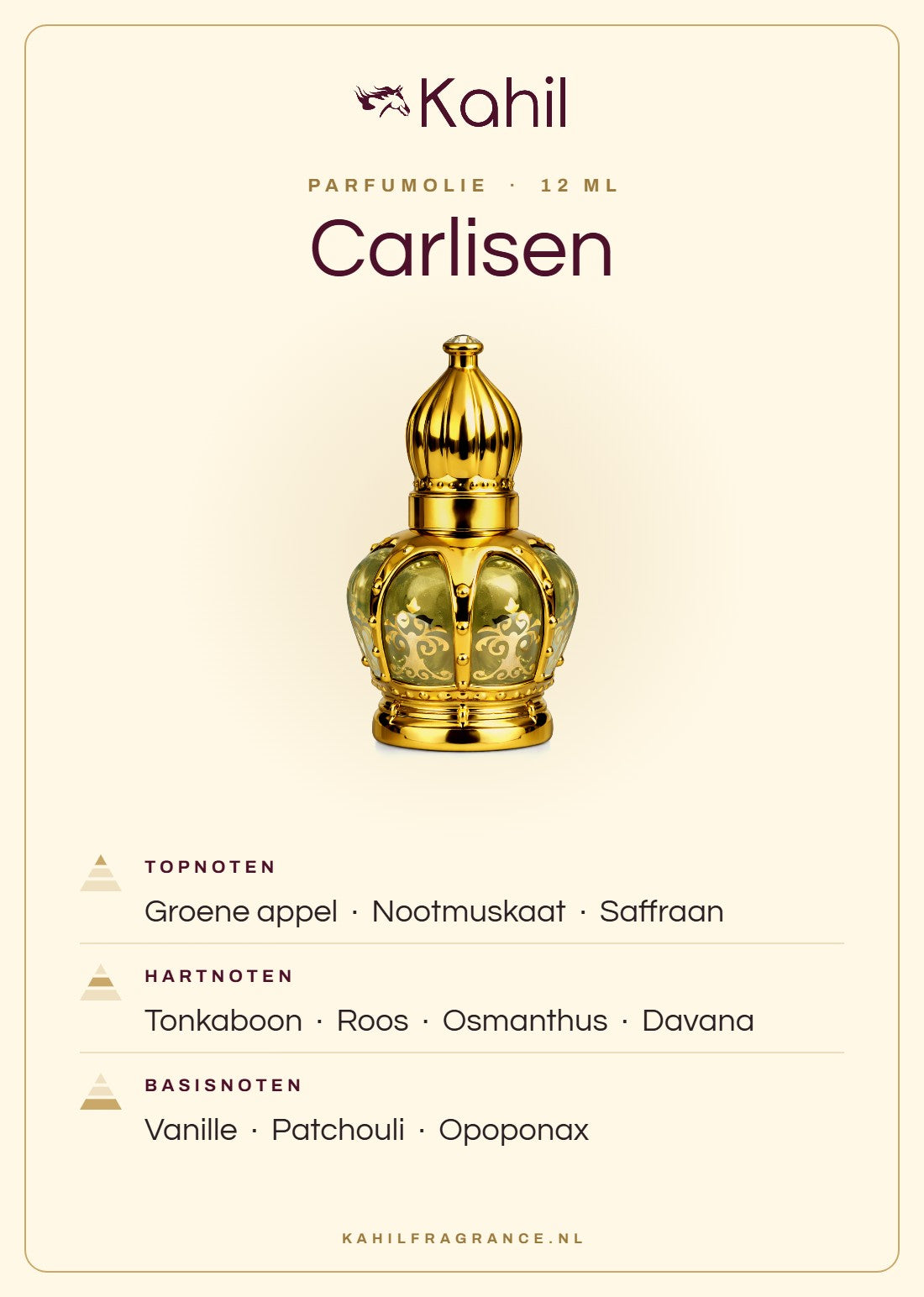 Fragrance notes of Kahil Carlisen perfume oil 12 ml: top notes green apple, nutmeg, saffron; heart notes tonka bean, rose, osmanthus, davana; base notes vanilla, patchouli, opoponax