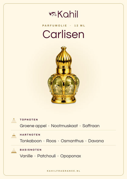 Fragrance notes of Kahil Carlisen perfume oil 12 ml: top notes green apple, nutmeg, saffron; heart notes tonka bean, rose, osmanthus, davana; base notes vanilla, patchouli, opoponax