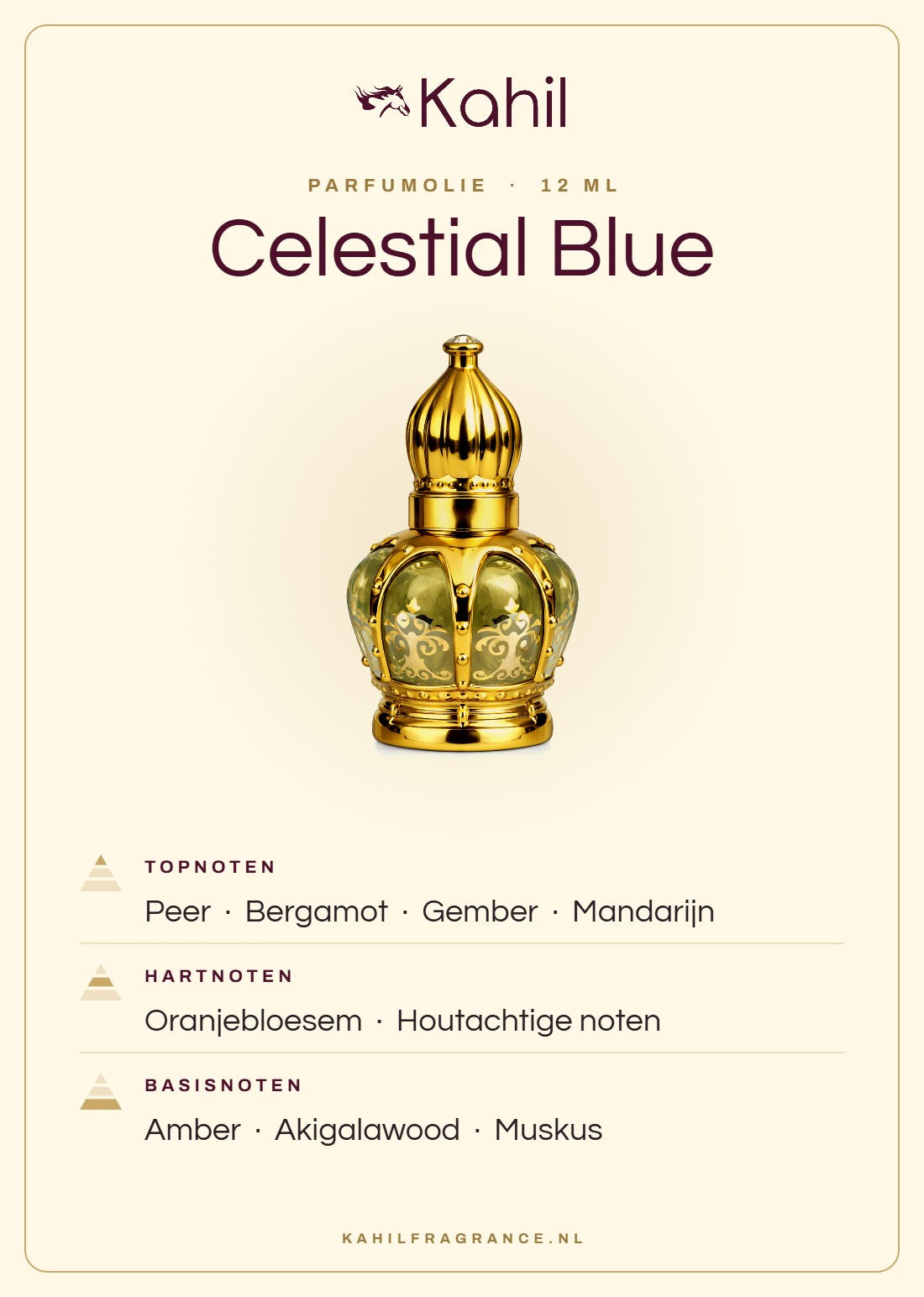 Geurnoten van Kahil Celestial Blue parfumolie 12 ml: topnoten peer, bergamot, gember, mandarijn; hartnoten oranjebloesem, houtachtige noten; basisnoten amber, akigalawood, muskus