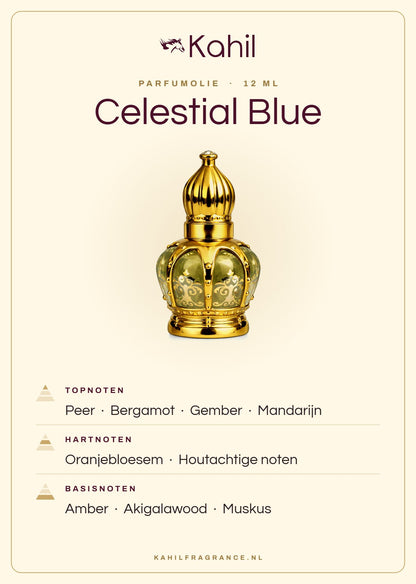 Geurnoten van Kahil Celestial Blue parfumolie 12 ml: topnoten peer, bergamot, gember, mandarijn; hartnoten oranjebloesem, houtachtige noten; basisnoten amber, akigalawood, muskus