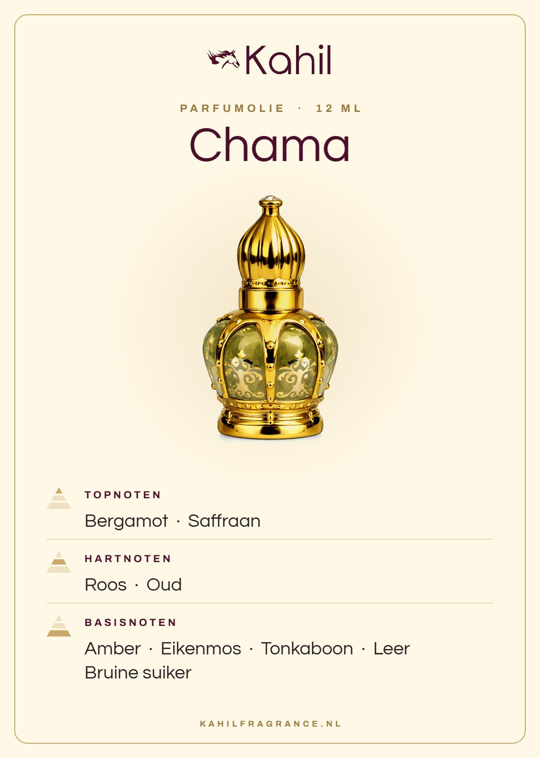 Duftnoten von Kahil Chama Parfümöl 12 ml: Kopfnoten Bergamotte, Safran; Herznoten Rose, Oud; Basisnoten Amber, Eichenmoos, Tonkabohne, Leder, Brauner Zucker