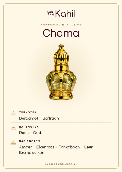 Duftnoten von Kahil Chama Parfümöl 12 ml: Kopfnoten Bergamotte, Safran; Herznoten Rose, Oud; Basisnoten Amber, Eichenmoos, Tonkabohne, Leder, Brauner Zucker
