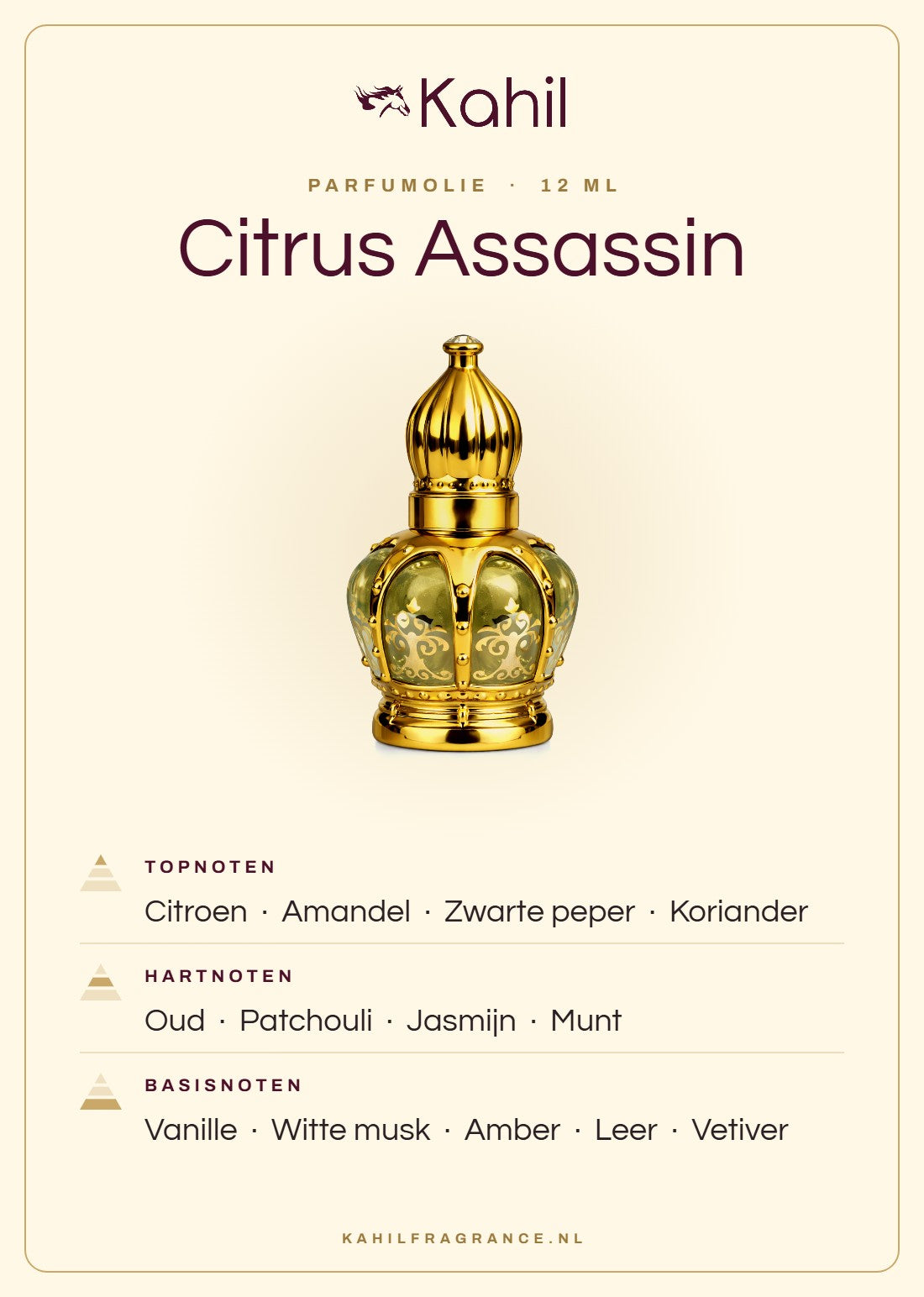Geurnoten van Kahil Citrus Assassin parfumolie 12 ml: topnoten citroen, amandel, zwarte peper, koriander; hartnoten oud, patchouli, jasmijn, munt; basisnoten vanille, witte musk, amber, leer, vetiver