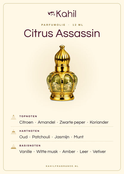 Geurnoten van Kahil Citrus Assassin parfumolie 12 ml: topnoten citroen, amandel, zwarte peper, koriander; hartnoten oud, patchouli, jasmijn, munt; basisnoten vanille, witte musk, amber, leer, vetiver